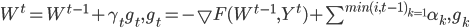 W^t = W^{t-1}+\gamma_t g_t, g_t = -\bigtriangledown F (W^{t-1}, Y^t)+\sum^{min(i, t-1)_{k=1}} \alpha_k, g_k