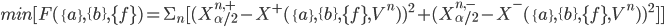 min [F (\{a\}, \{b\}, \{f\}) = \Sigma_n [(X_{\alpha /2}^{n,+} - X^{+}(\{a\}, \{b\}, \{f\}, V^n))^2 + (X_{\alpha /2}^{n,-} - X^{-}(\{a\}, \{b\}, \{f\}, V^n))^2]]