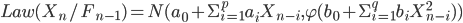 Law(X_n/F_{n-1}) = N(a_0 + \Sigma_{i=1}^{p}a_i X_{n-i}, \varphi (b_0 + \Sigma_{i=1}^{q}b_i X_{n-i}^{2}))